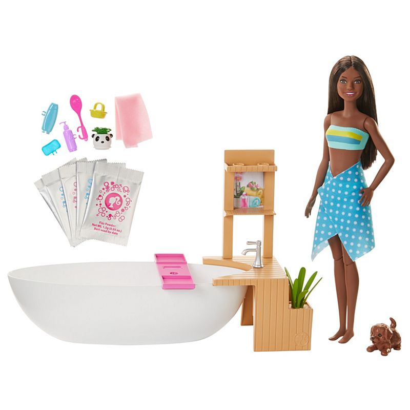 Mattel Barbie Fizzy Bath Doll and Playset, Brunette, with Tub, Puppy & More