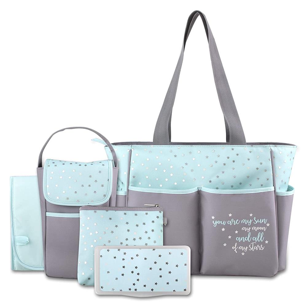 Baby Essentials 5 Piece Diaper Bag Tote Set, Stars, Grey / Aqua