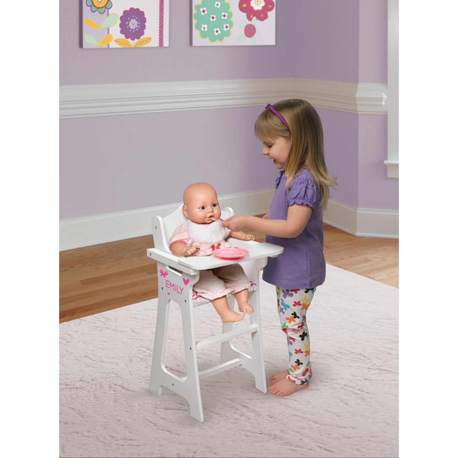 Badger Basket Doll High Chair with Accessories and Free Personalization Kit – White/Pink/Chevron