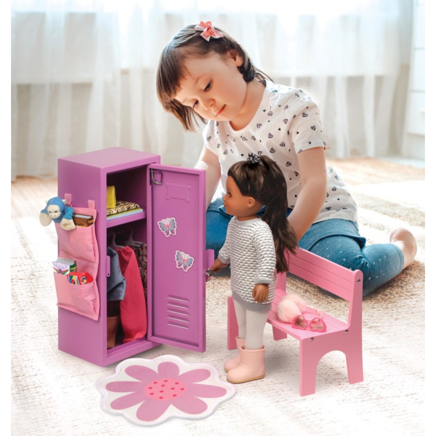 Badger Basket School Style Single Doll Locker Set with Bench, Rug and Accessories – Purple/Pink