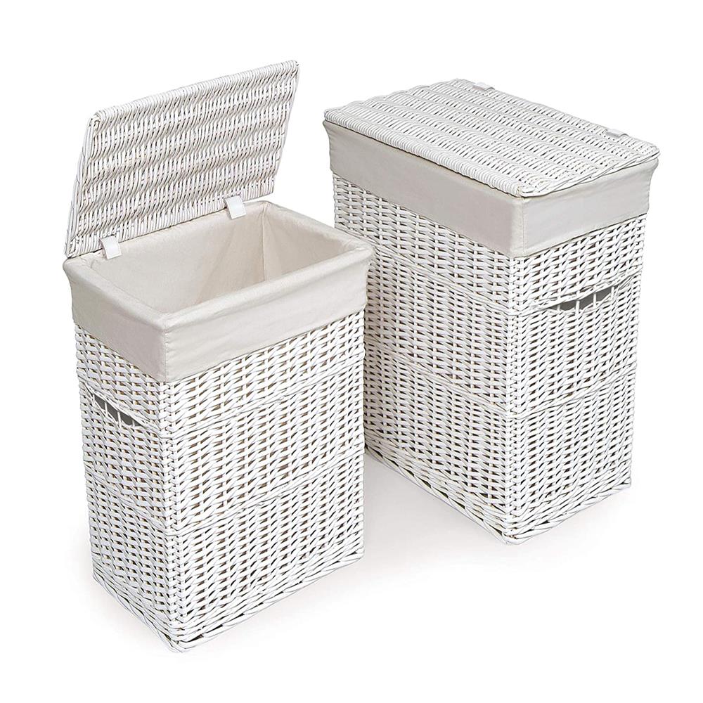 Badger Basket Wicker Two Hamper Set with Liners – White