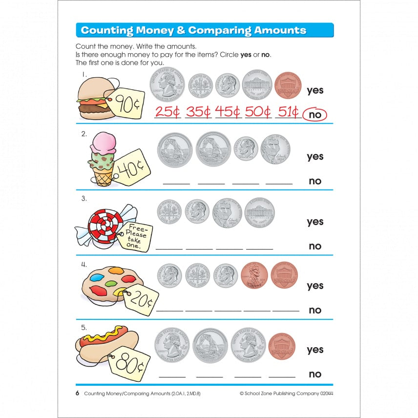 School Zone Time, Money & Fractions Grades 1-2 Workbook