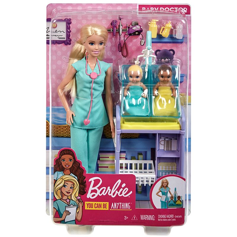 Mattel Barbie Baby Doctor Playset with Blonde Doll, 2 Infant Dolls, Exam Table and Accessories