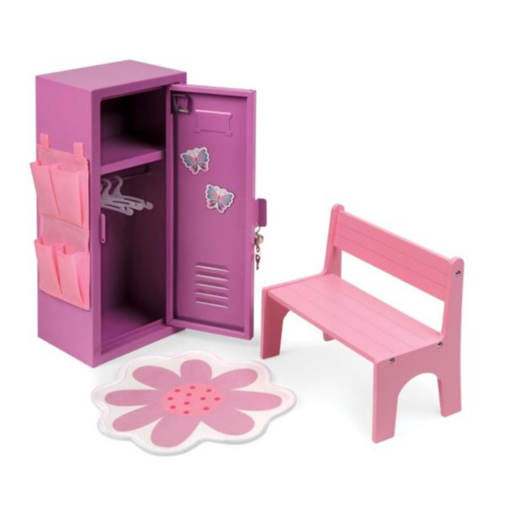 Badger Basket School Style Single Doll Locker Set with Bench, Rug and Accessories – Purple/Pink