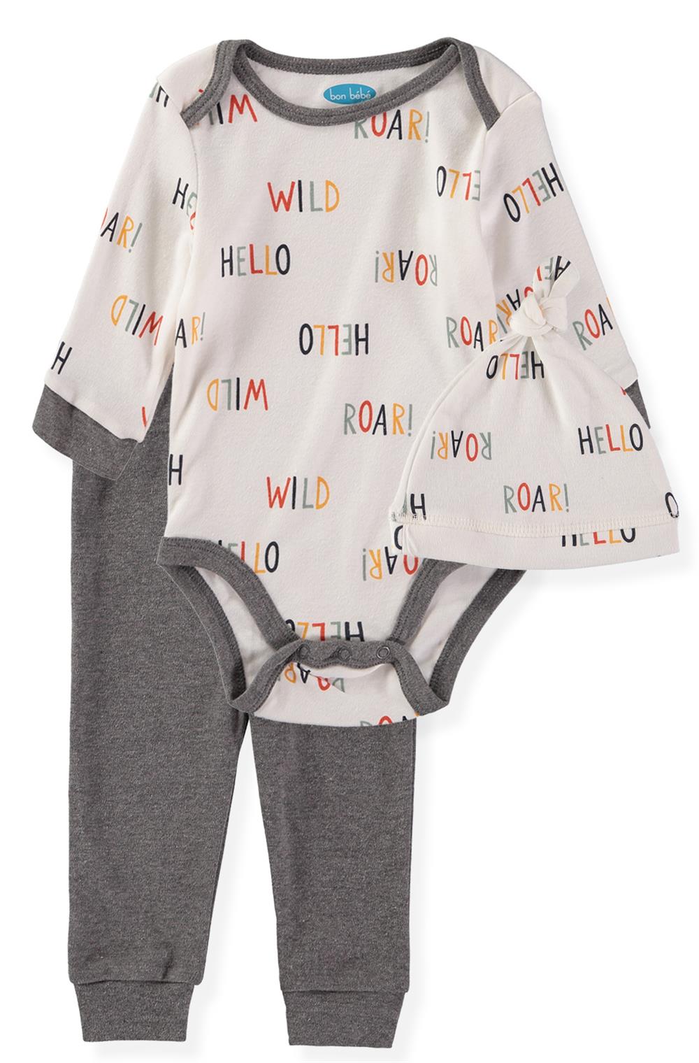 Bon Bebe Baby Boys 0-9 Months Roar Bodysuit Pant Set with Hat