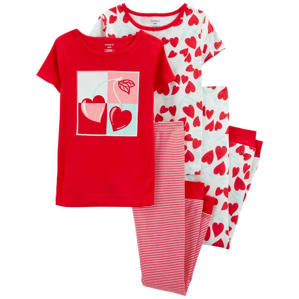 Carters Girls 4-6X Cherry Heart 4-Piece 100% Snug Fit Cotton PJs