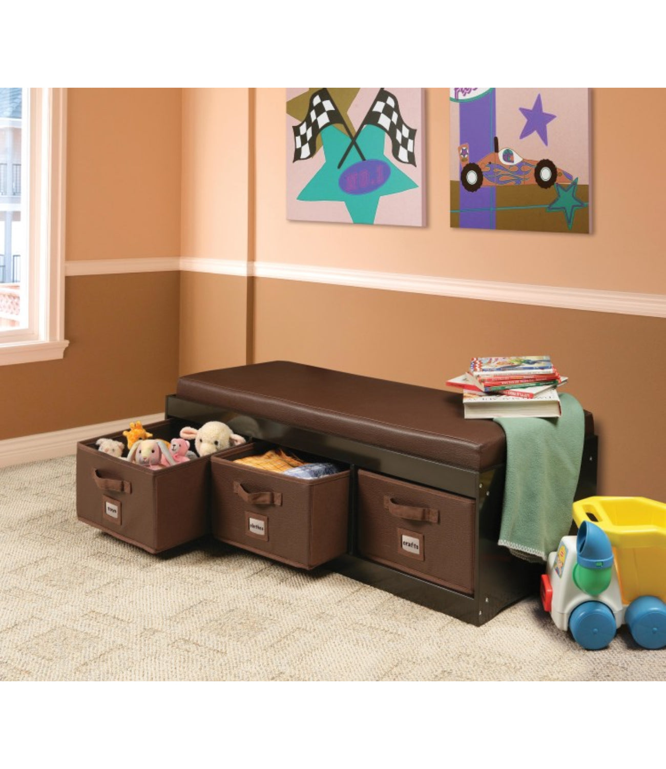 Badger Basket Kid’s Storage Bench with Cushion and Three Bins – Espresso