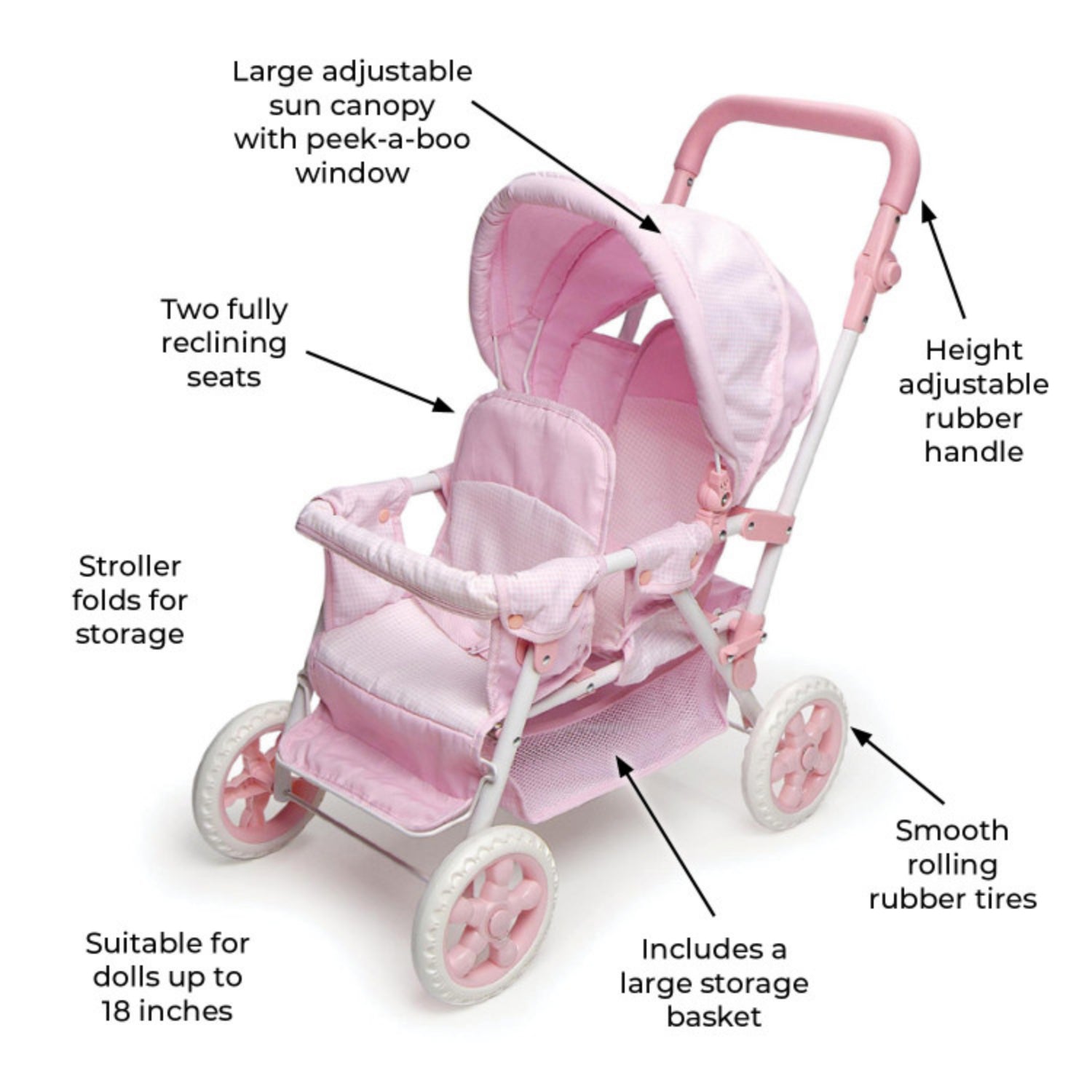 Badger Basket Folding Double Front-to-Back Doll Stroller – Pink/Gingham