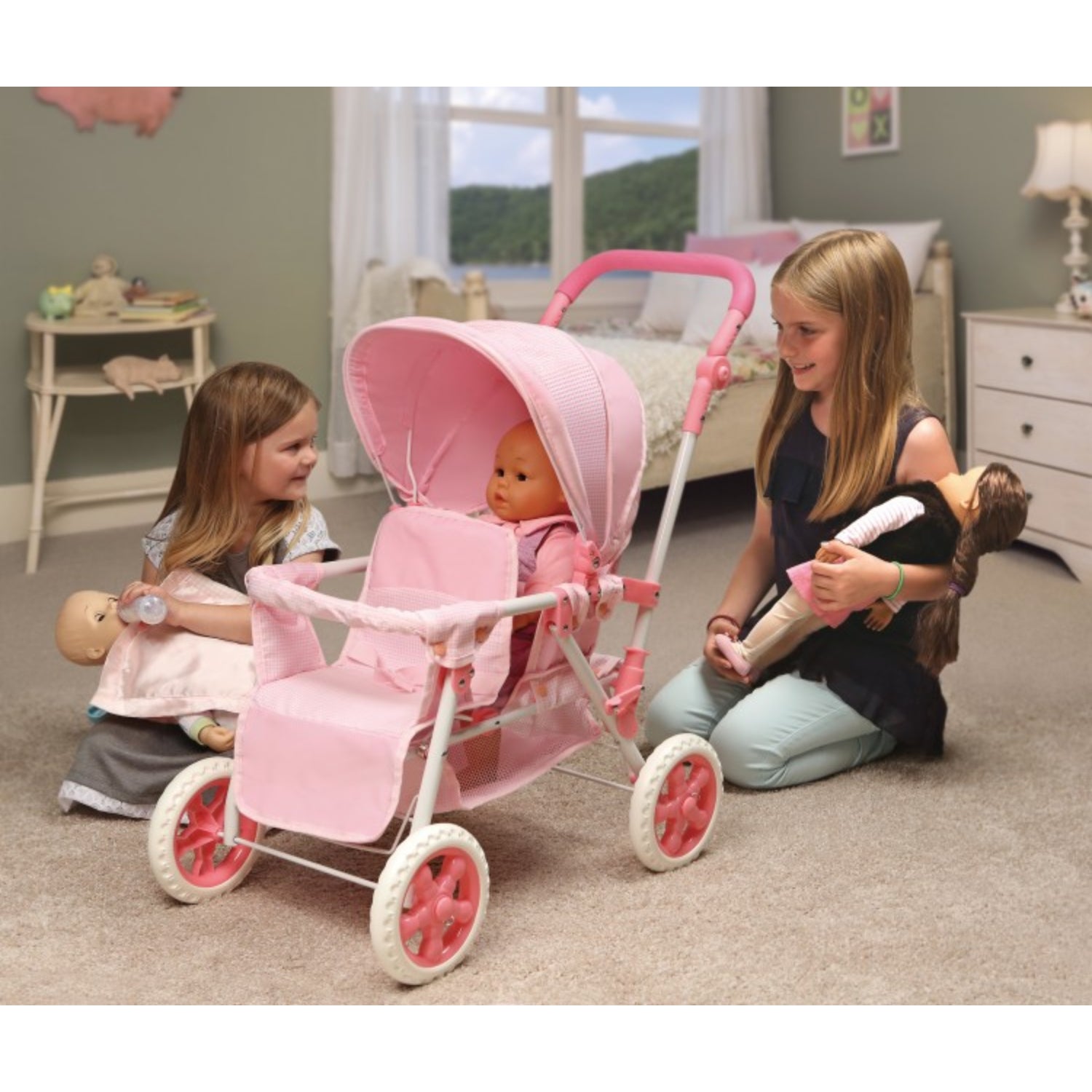 Badger Basket Folding Double Front-to-Back Doll Stroller – Pink/Gingham