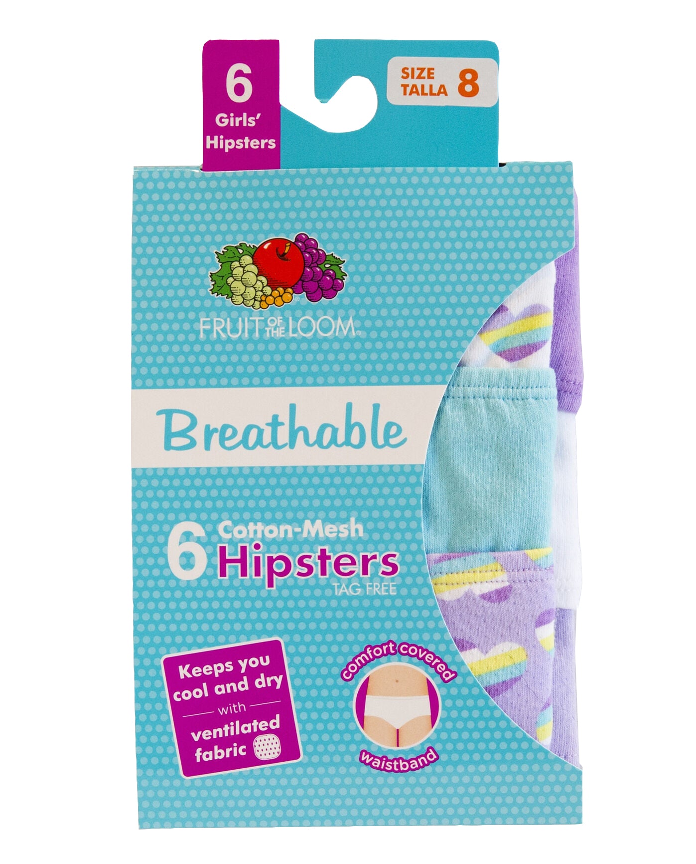 Fruit of the Loom Girls 6 Pack Cotton Mesh Hipsters