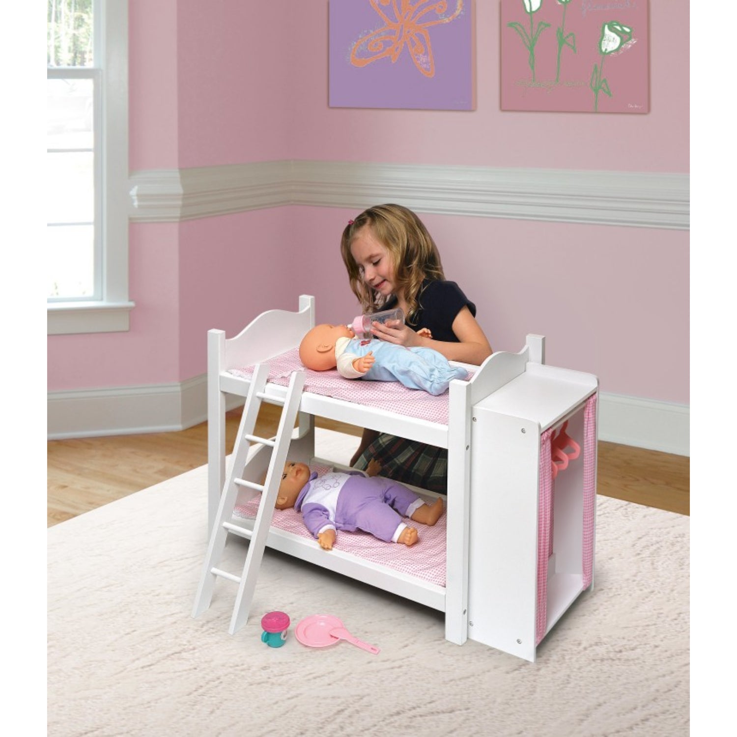 Badger Basket Doll Armoire Bunk Bed with Ladder – White/Pink