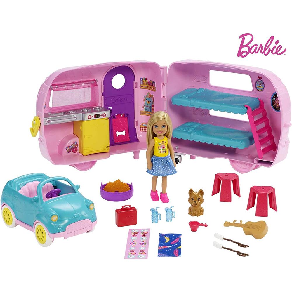 Mattel Barbie Club Chelsea Mattel Barbie Club Chelsea Toy Car & Camper Playset, Blonde Chelsea Small Doll, Puppy & 10+ Accessories, Unhitch & Open for Campsite