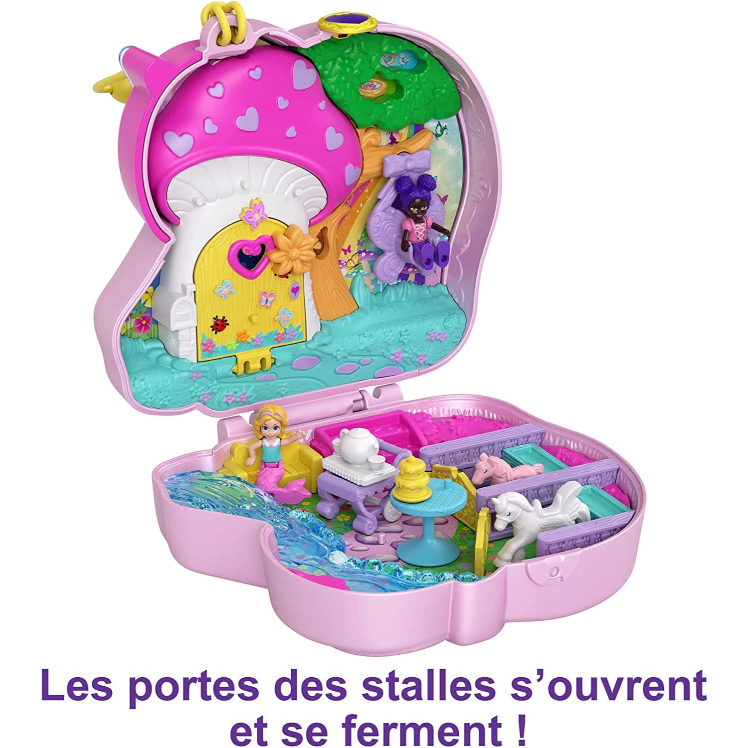 Mattel Polly Pocket Unicorn Forest Compact Tea Party-Themed Playset with Glitter Horn, 2 Micro Dolls