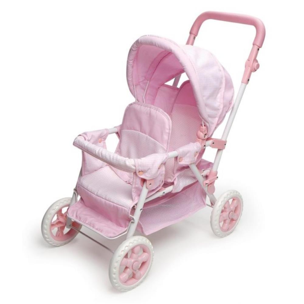 Badger Basket Folding Double Front-to-Back Doll Stroller – Pink/Gingham