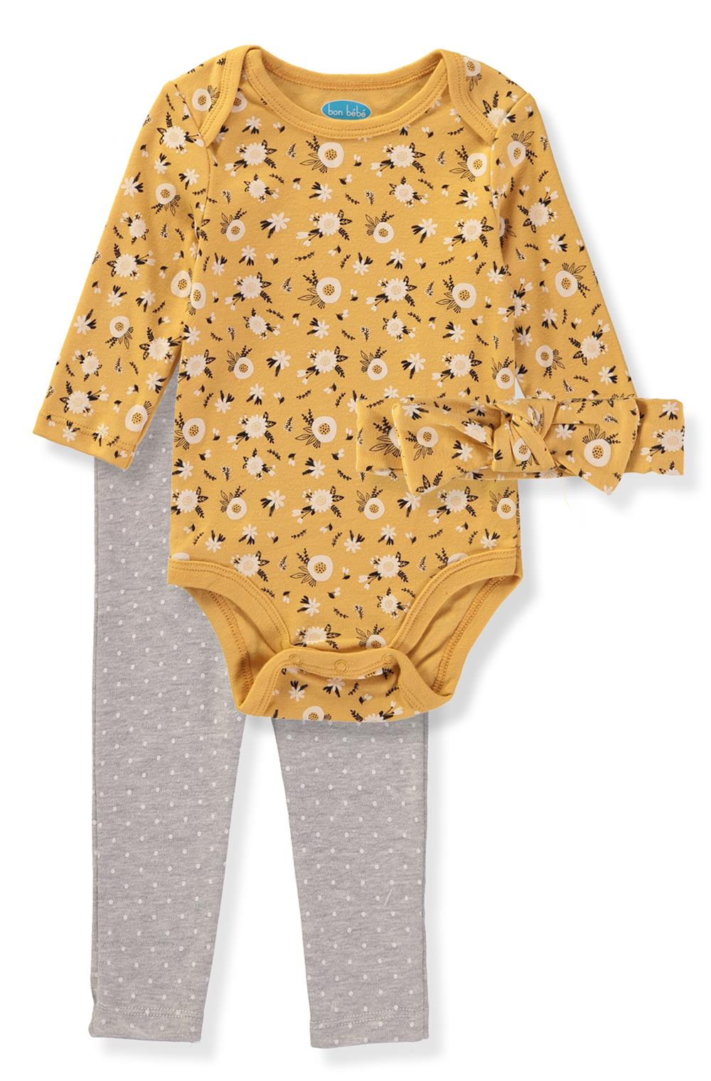 Bon Bebe Girls 0-9 Months Daisy Bodysuit Pant Set with Hat