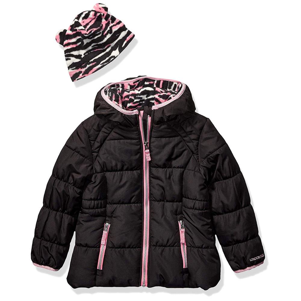 London Fog Girls Zebra Puffer Jacket with Hat