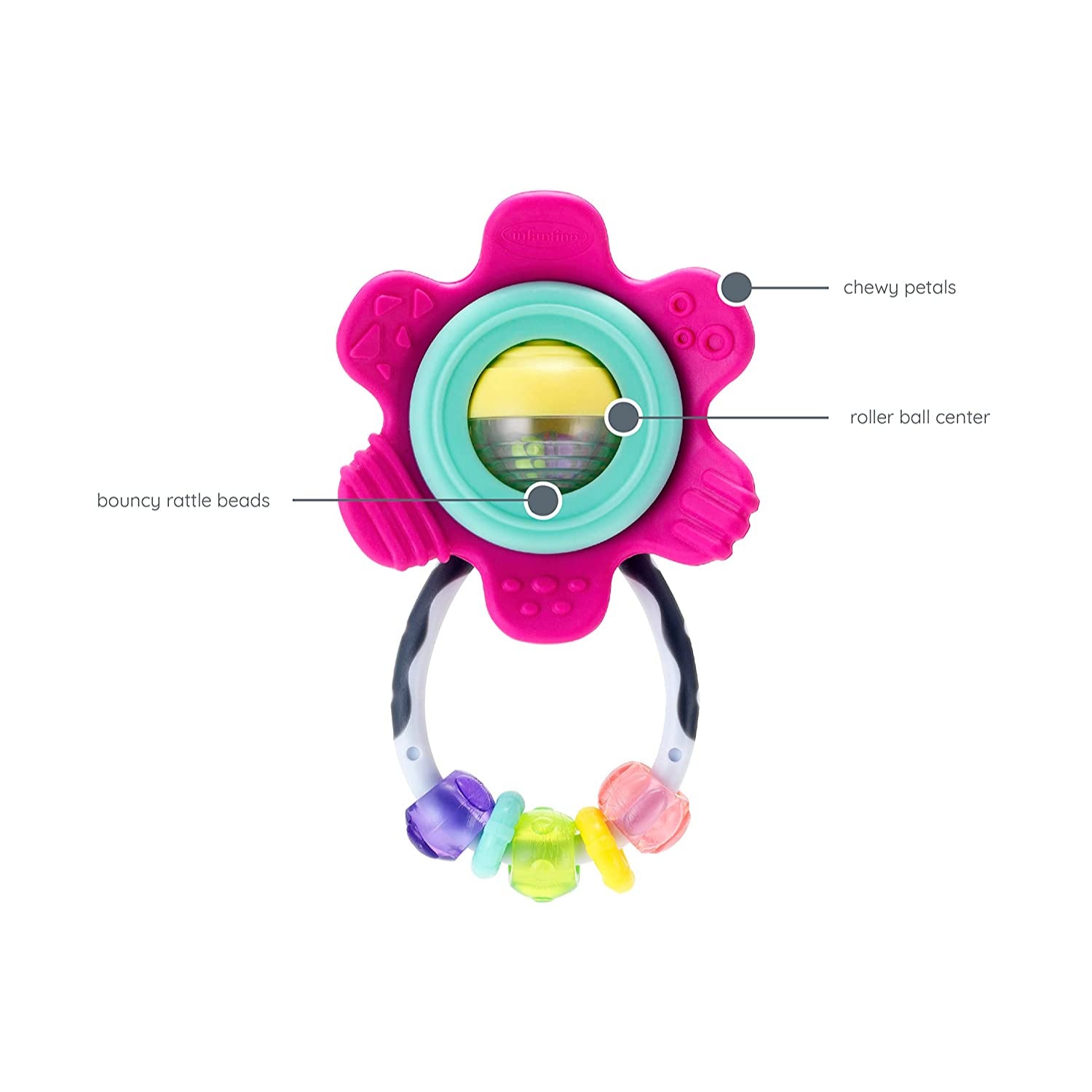 Infantino Spin & Teethe Gummy Pink Flower Rattle - Easy to Grab, Chewy Rings, Multi-Texutre Petals,