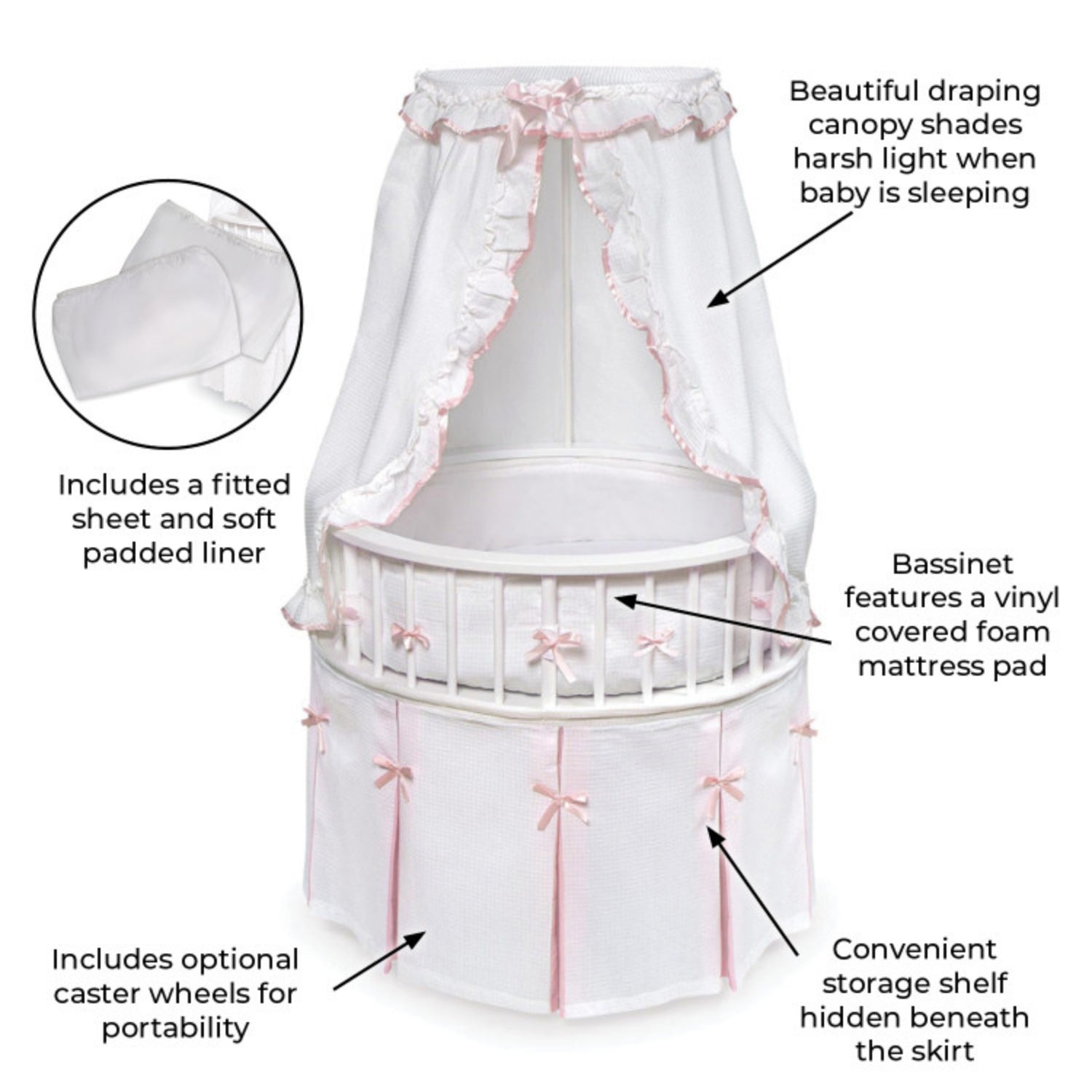 Badger Basket Elegance Round Baby Bassinet - Color: White Pique with Pink Trim