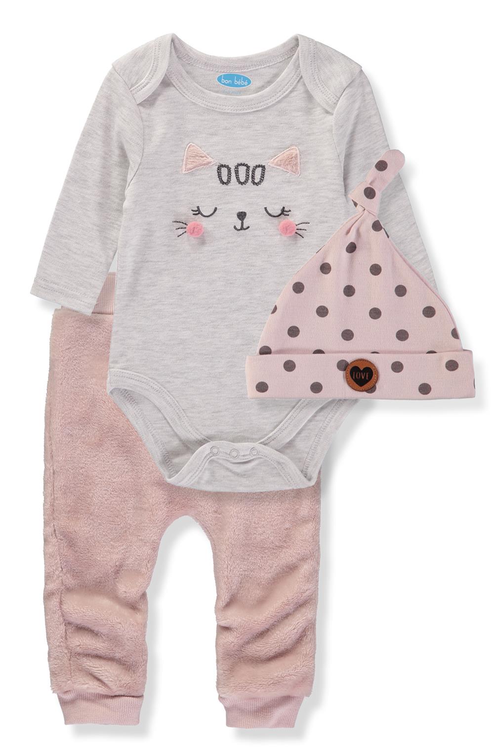 Bon Bebe Baby Girls 0-9 Months Kitty Bodysuit Plush Pant Set with Hat