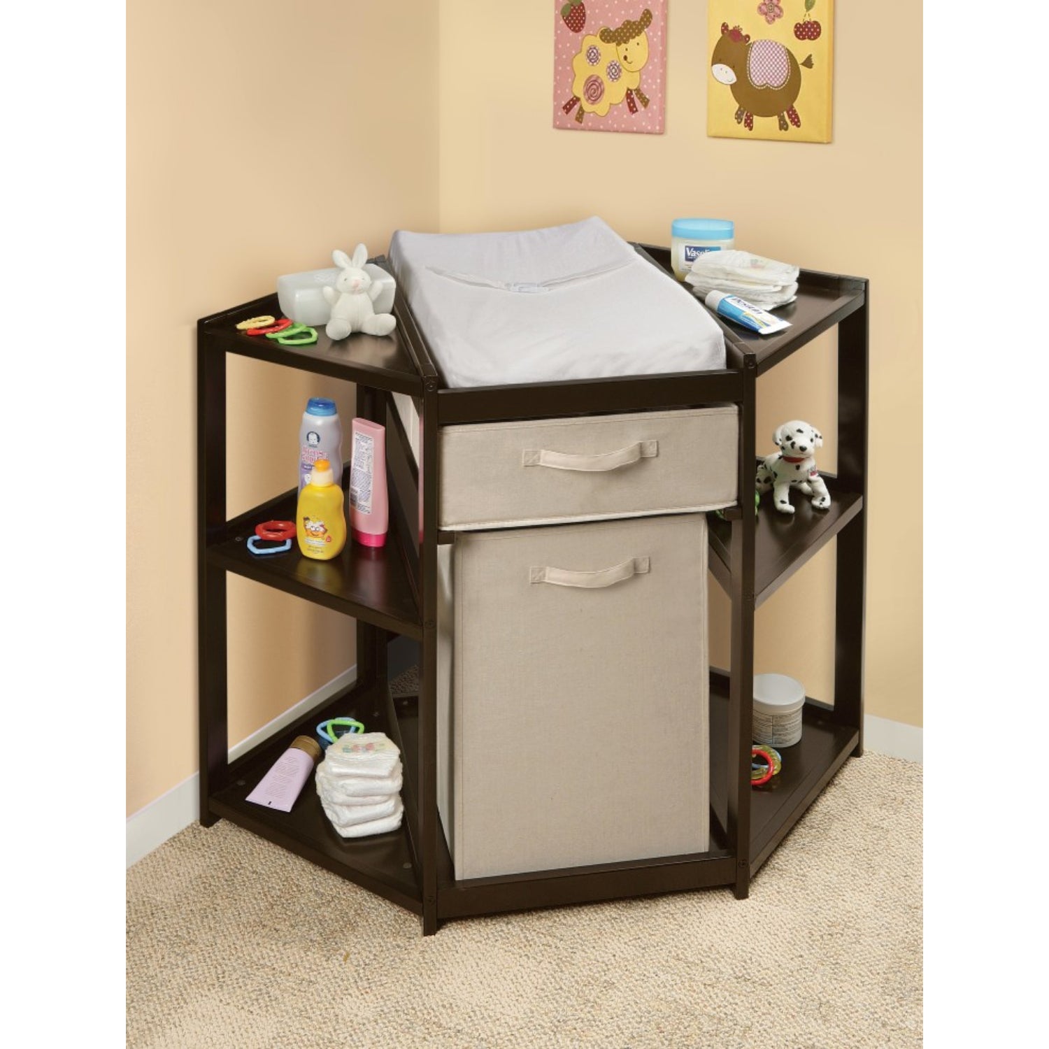 Badger Basket Diaper Corner Baby Changing Table with Hamper and Basket – Espresso