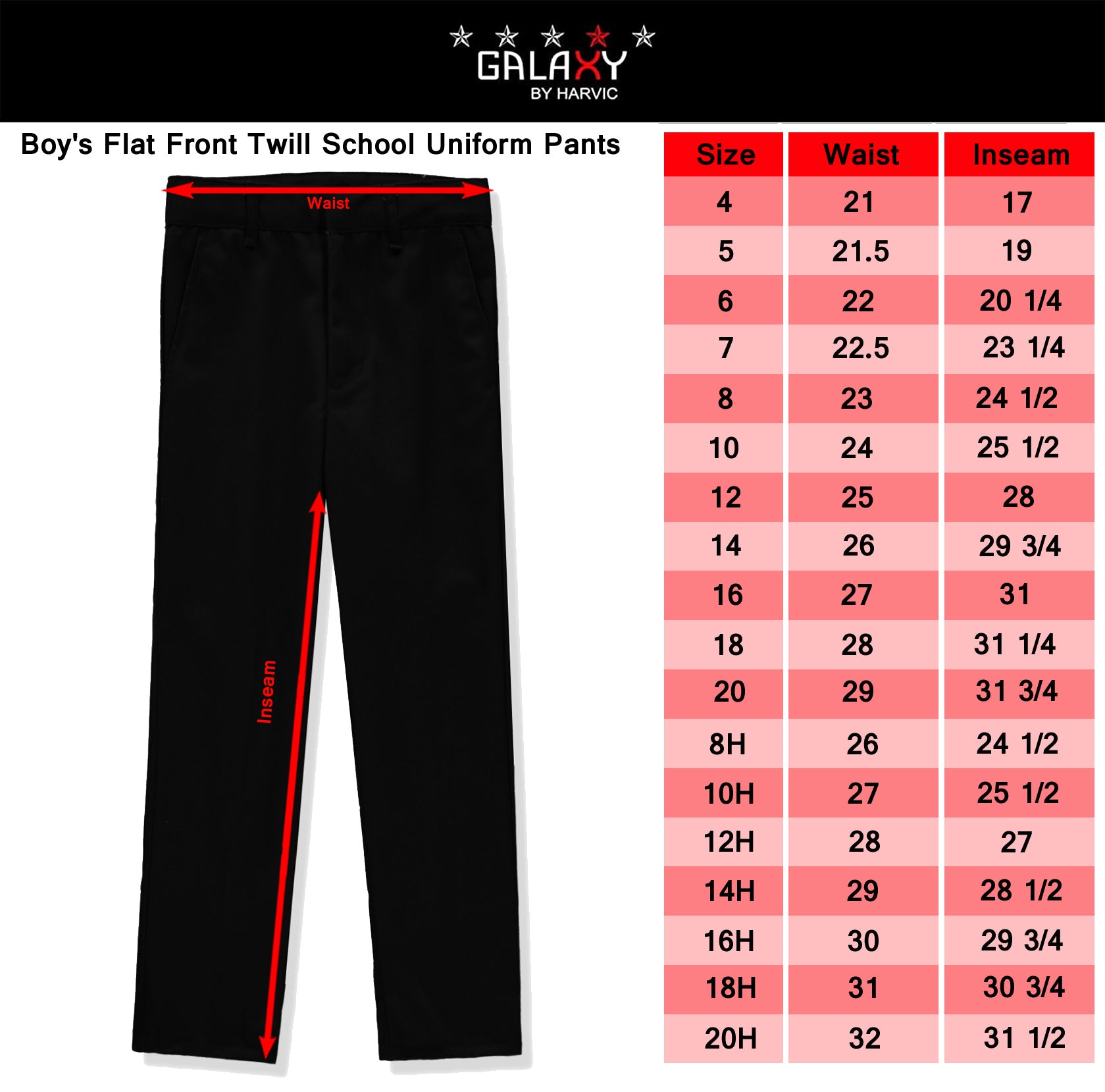 Galaxy Boys 8-20 Flat Front School Uniform Pants