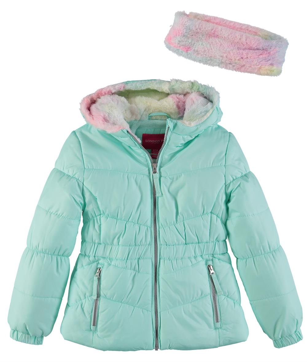 London Fog Girls 7-16 Puffer Jacket with Matching Tie Dye Headband