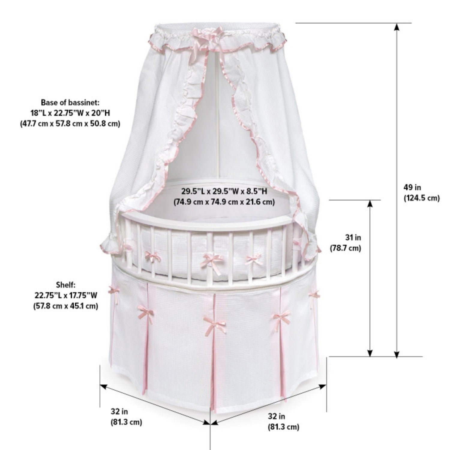 Badger Basket Elegance Round Baby Bassinet - Color: White Pique with Pink Trim