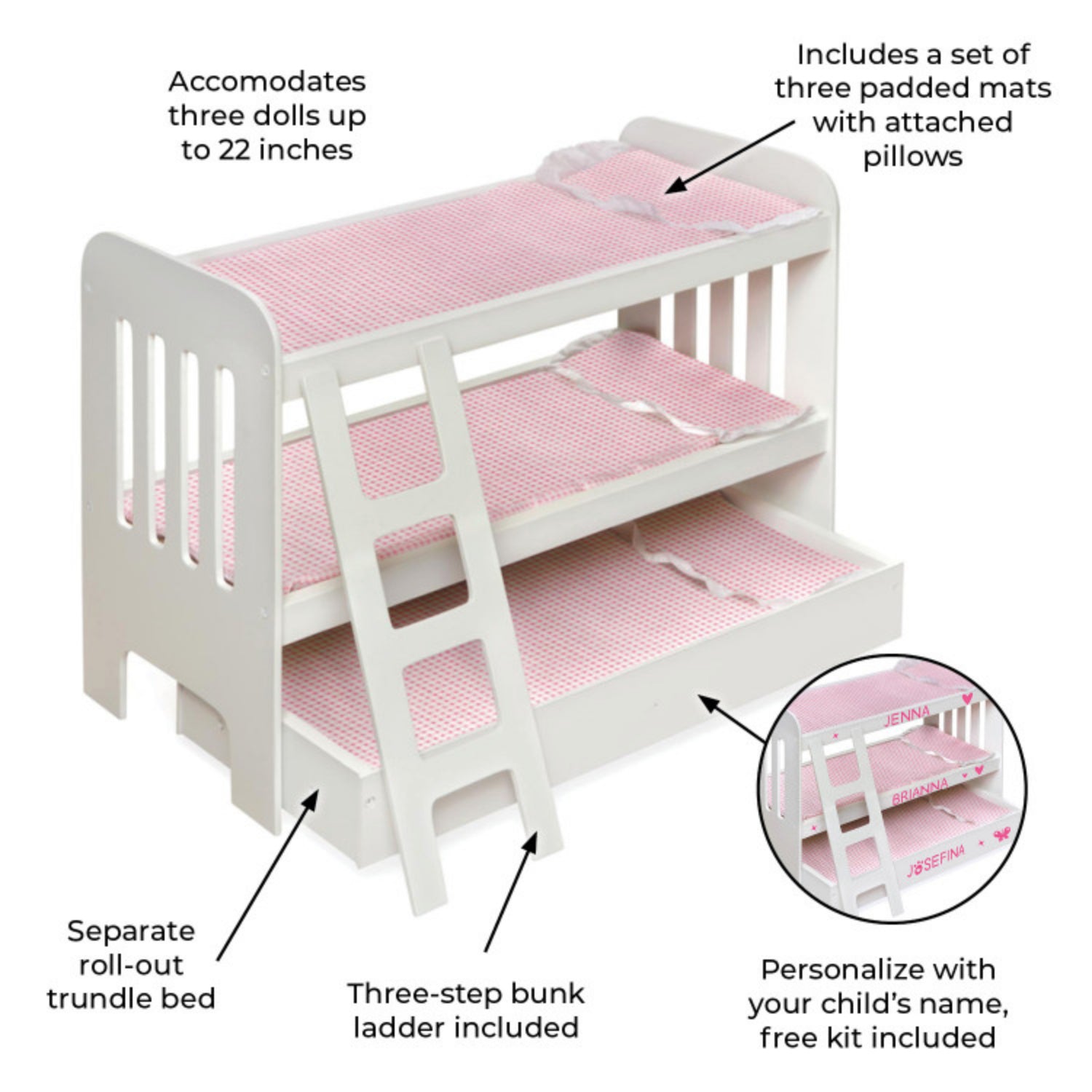 Badger Basket Trundle Doll Bunk Bed with Ladder and Free Personalization Kit – White/Pink