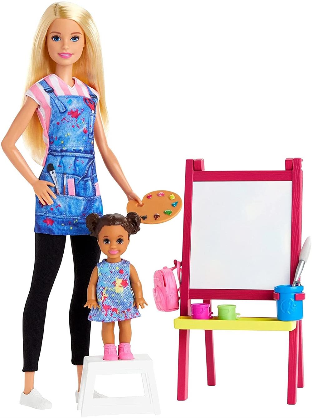 Mattel Barbie Art Teacher Playset with Blonde Doll, Toddler Doll, Easel and Accessories