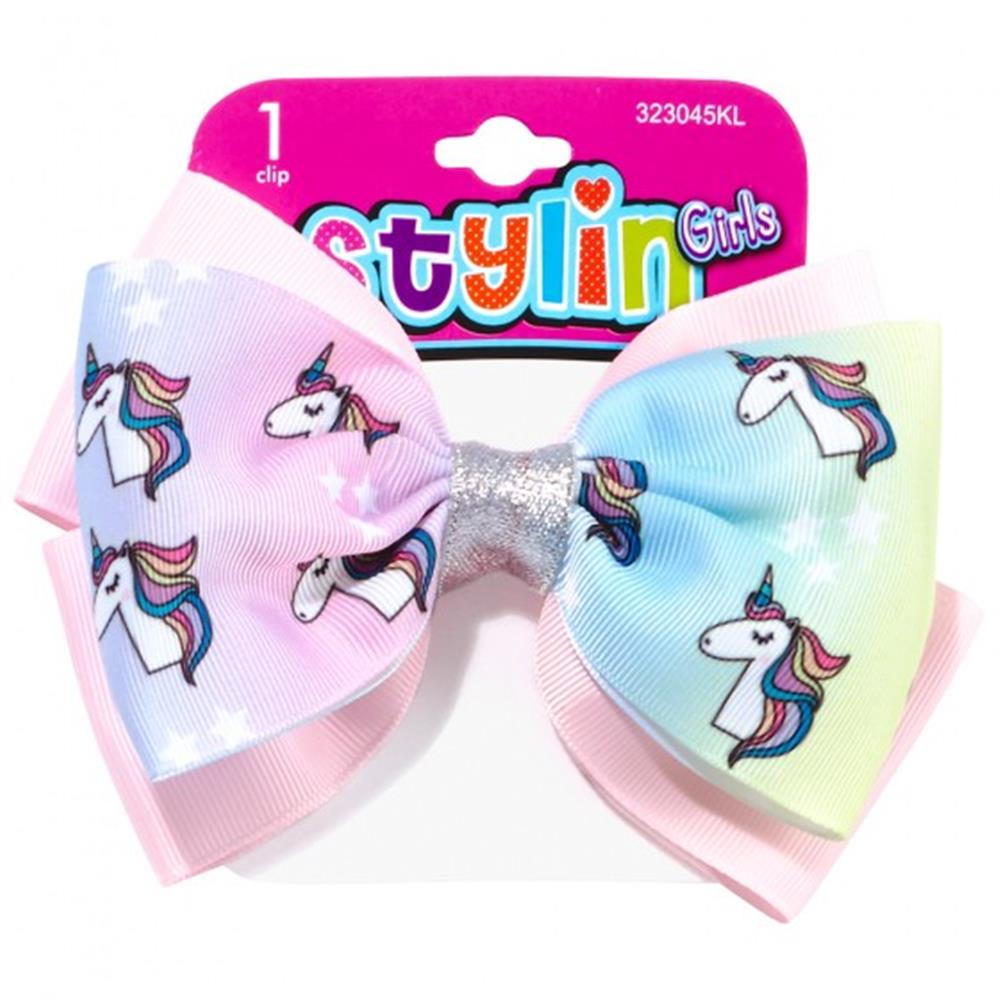 Stylin Girls 1pc Grosgrain Bow with Printed Unicorn Salon Clip