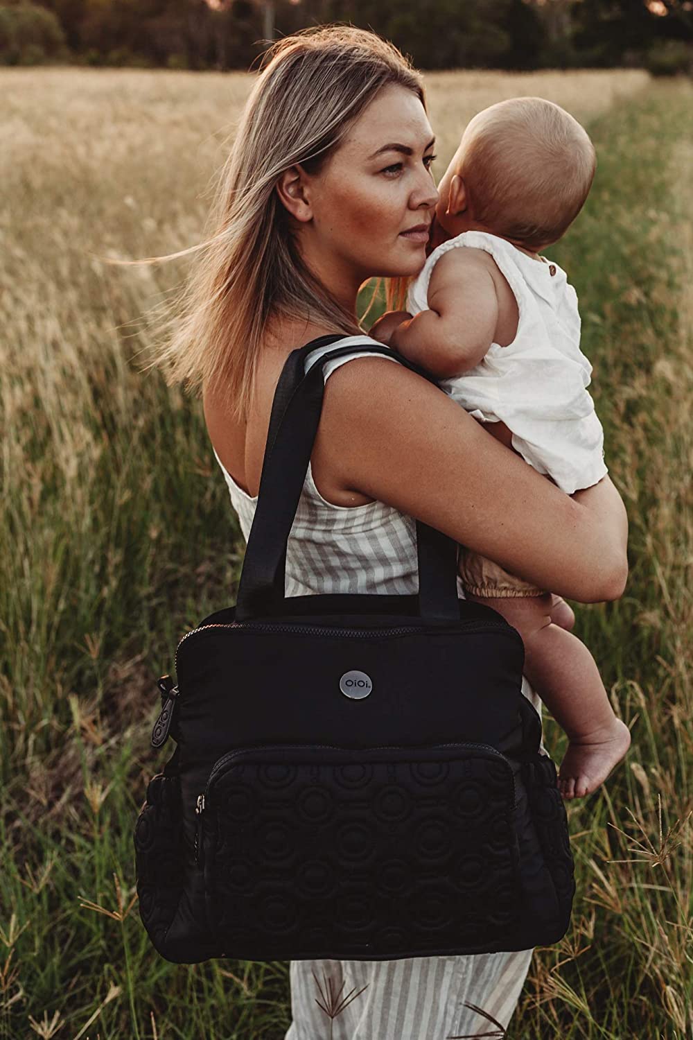 OiOi Quilt Triple Tote Baby Diaper Bag Satchel - Black