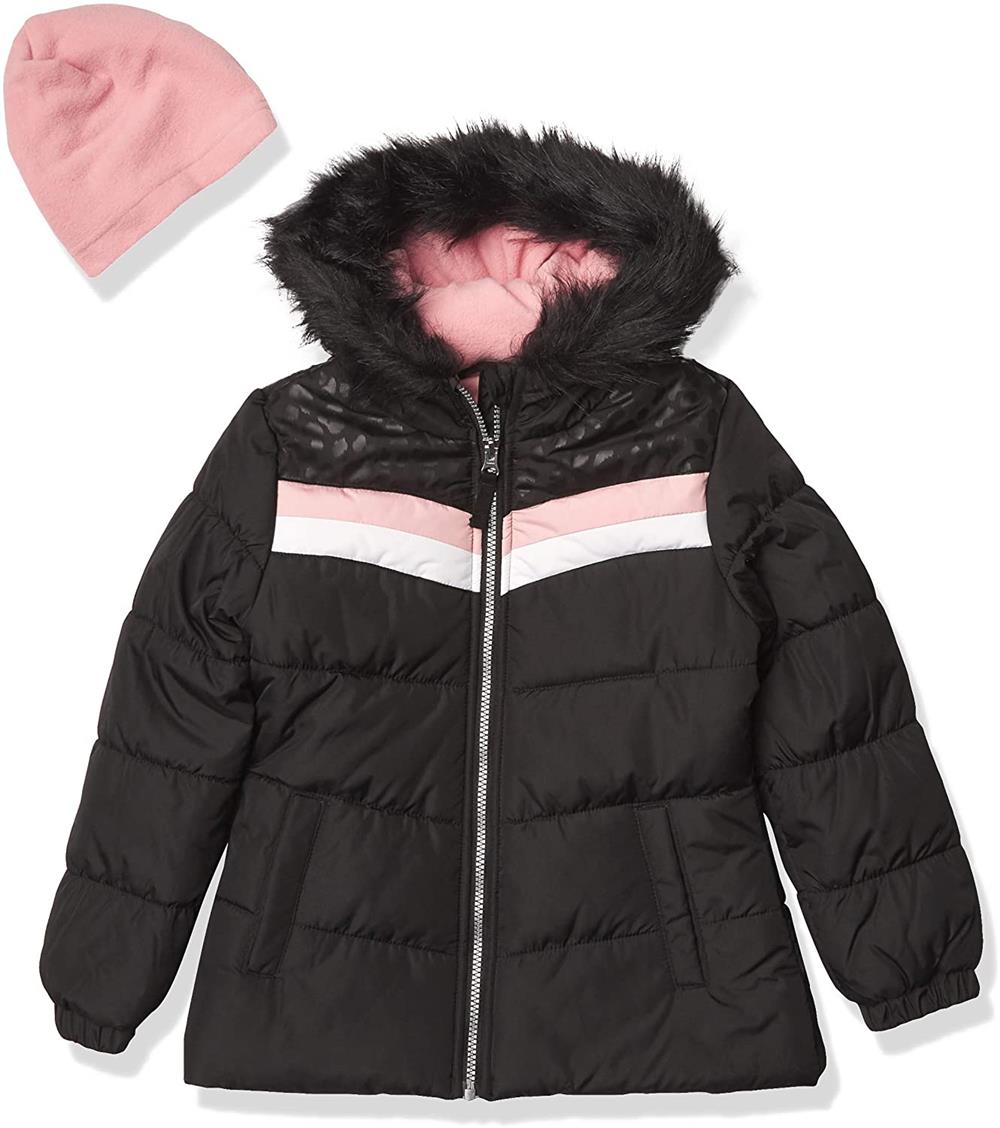 London Fog Girls 7-16 Stripe Bubble Jacket with Hat