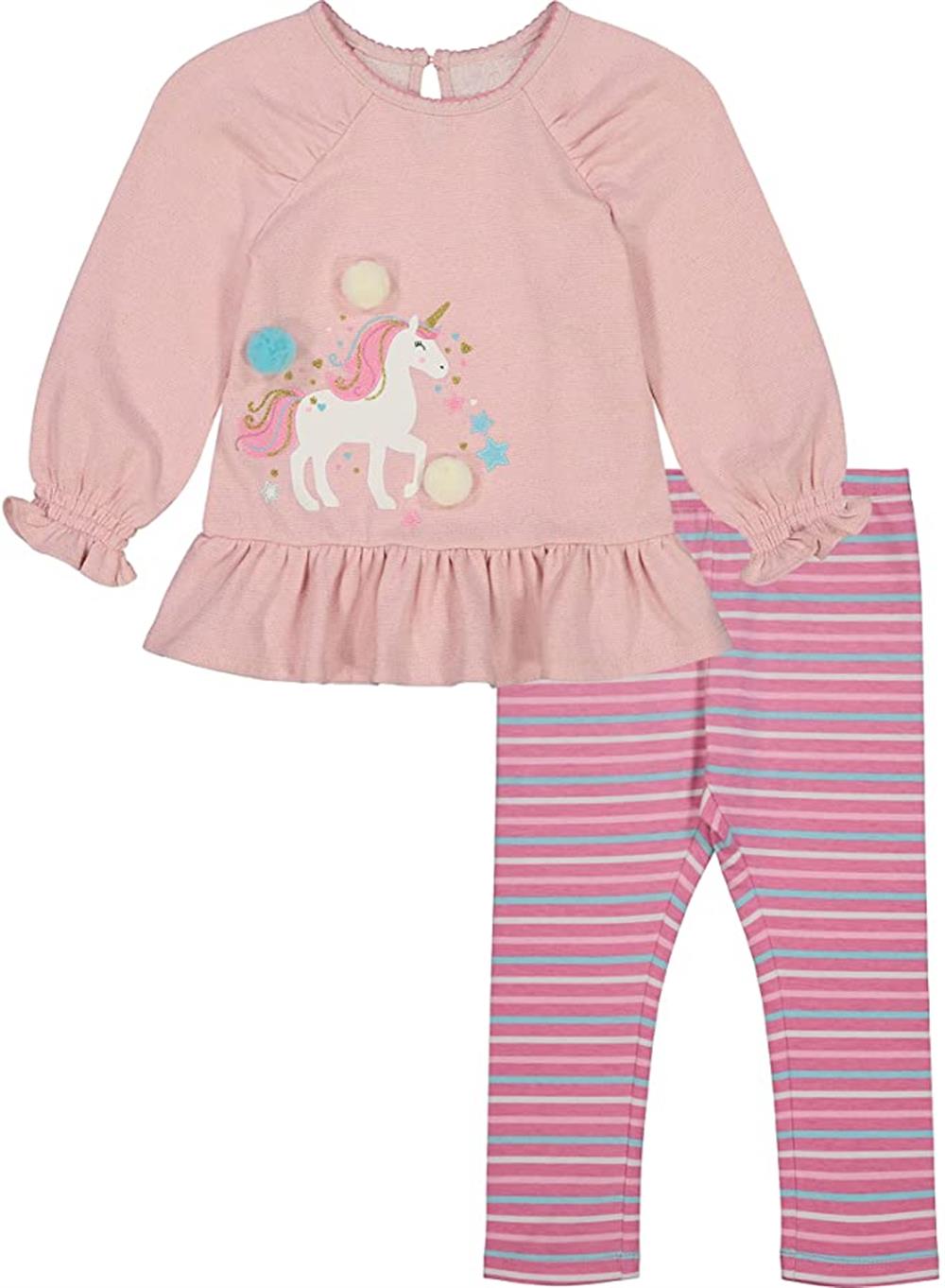 Kids Headquarters Girls Pom Pom Unicorn Tunic & Stripe Legging Set