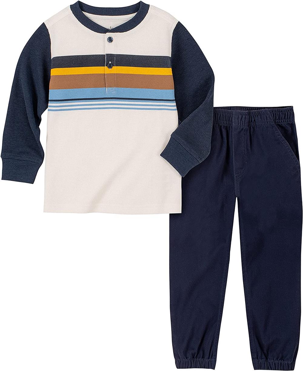 Kids Headquarters Boys Striped Waffle Knit Henley Top Twill Jogger Set