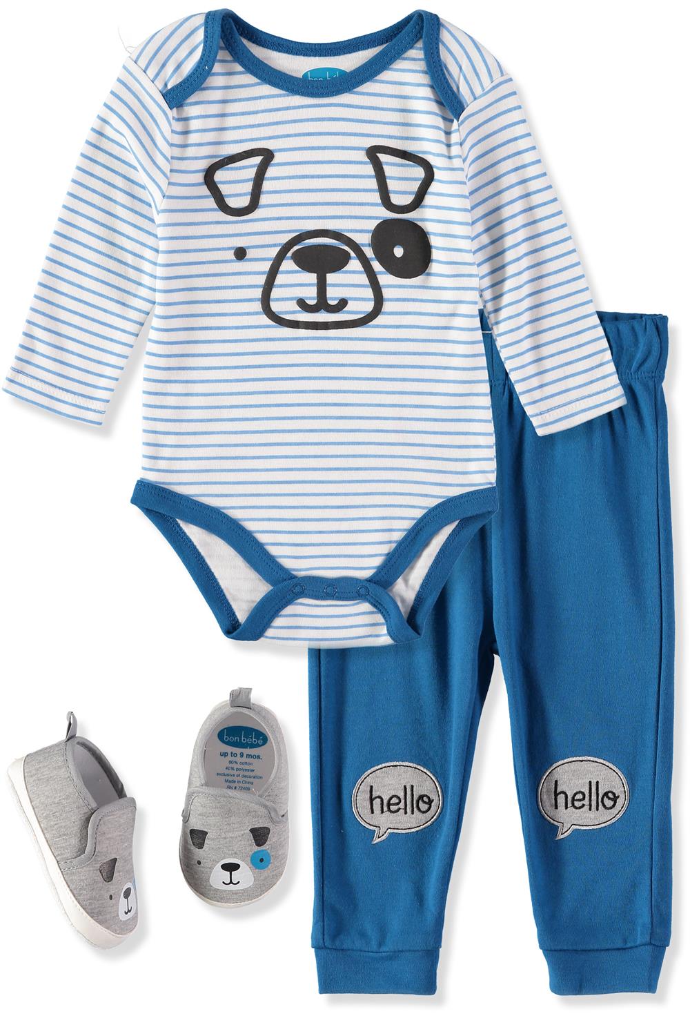 Bon Bebe Boys 0-9 Months Bodysuit Pant Set with Matching Shoes