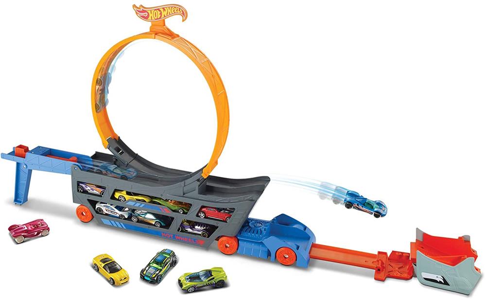 Mattel Hot Wheels Toy Car Track Set, Stunt & Go Playset with 1:64 Scale Vehicle, Transforming Hauler Truck with Loop & Launcher, Stores 18 Vehicles