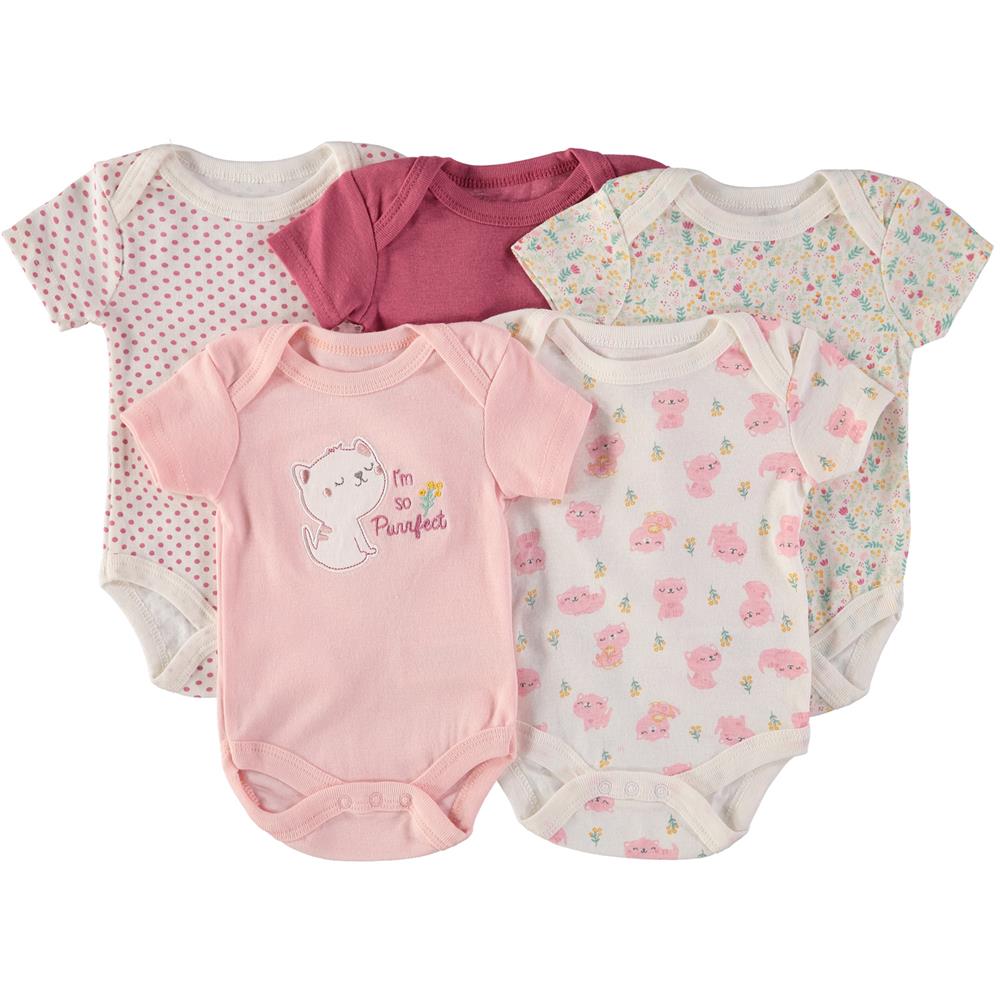 Rene Rofe Baby Girls 0-9 Months Short Sleeve Bodysuit, 5-Pack