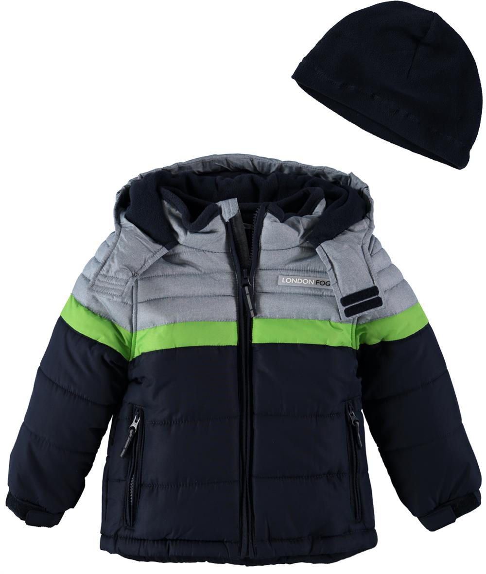 London Fog Boys 2T-4T Colorblock Puffer Jacket with Fleece Hat