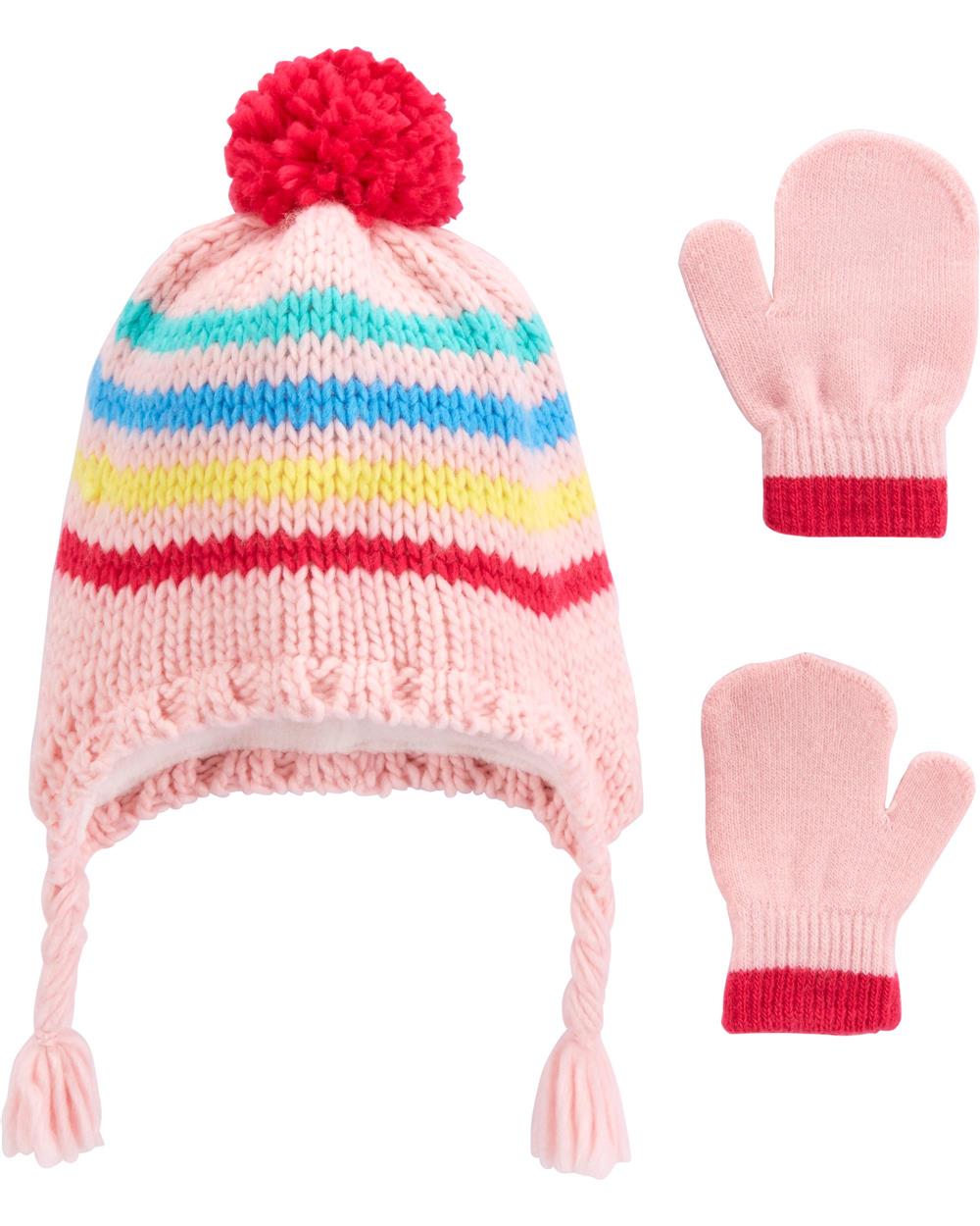 Carters Girls 2T-4T 2-Piece Striped Hat & Mittens Set