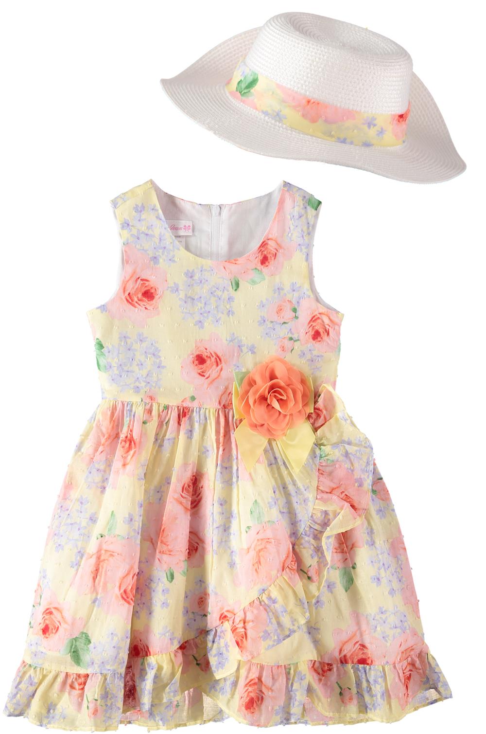 Bonnie Jean Girls Floral Ruffle Dress with Hat