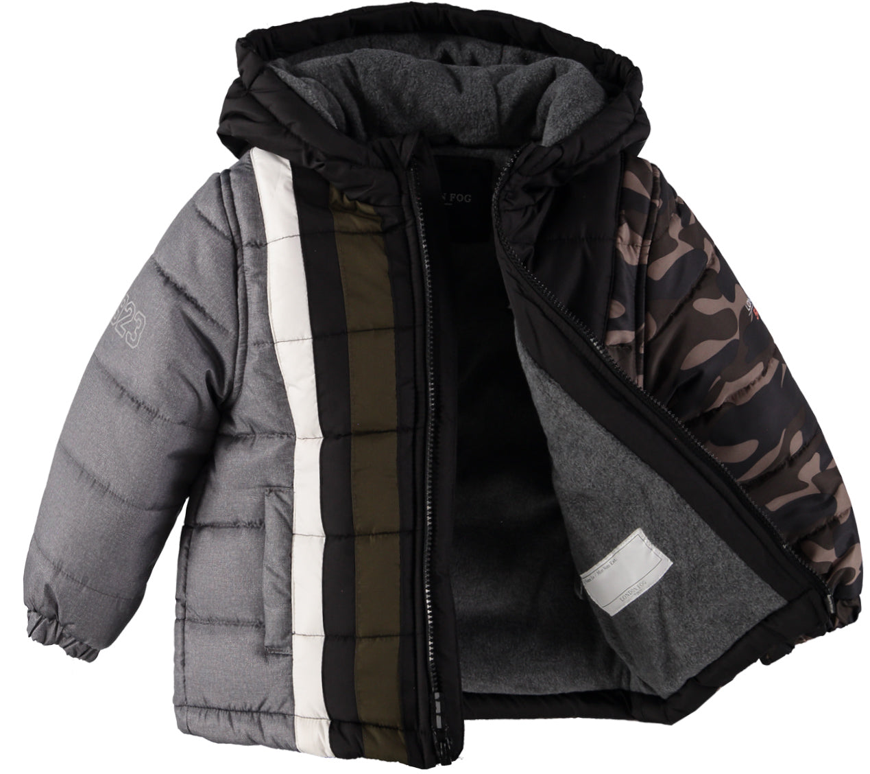 London Fog Boys 2T-4T Colorblock Stripe Puffer with Fleece Hat