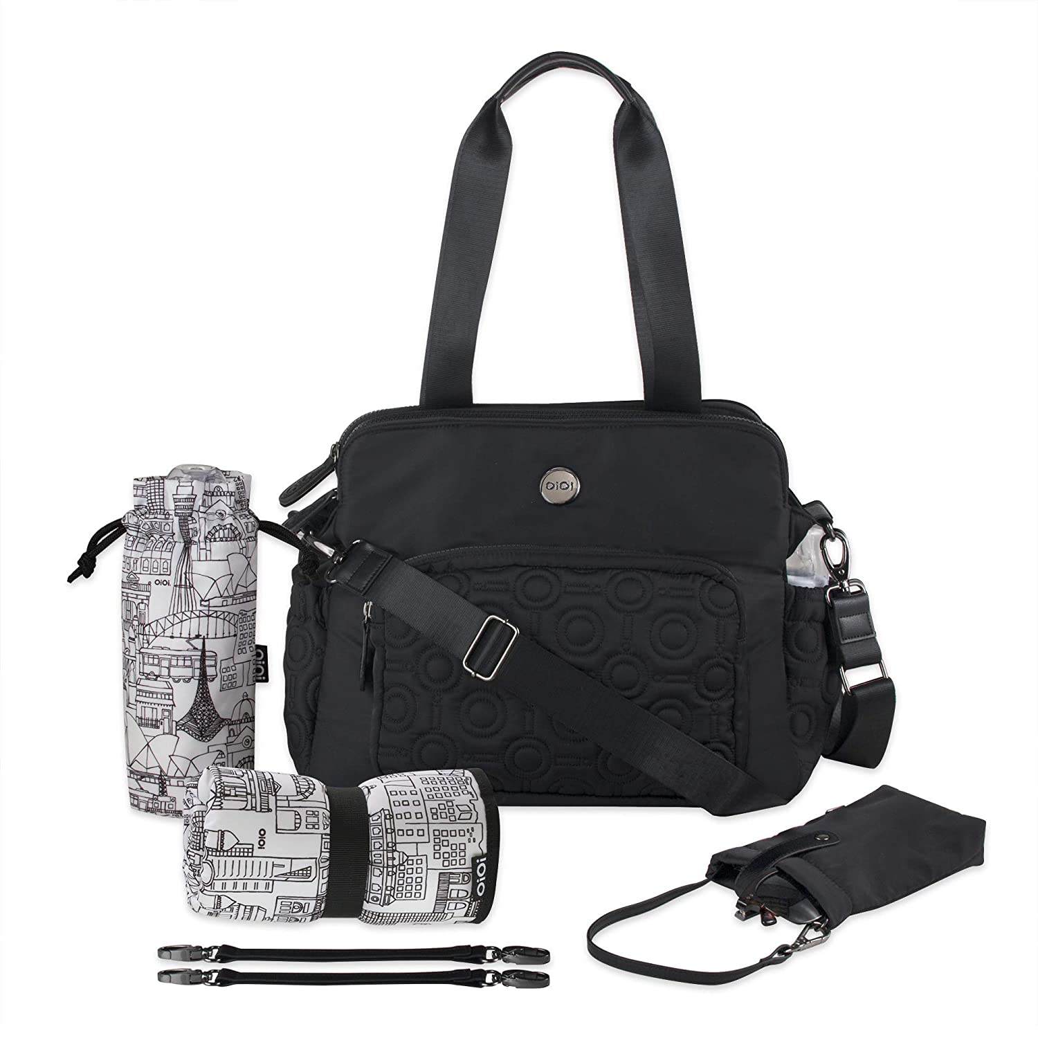 OiOi Quilt Triple Tote Baby Diaper Bag Satchel - Black