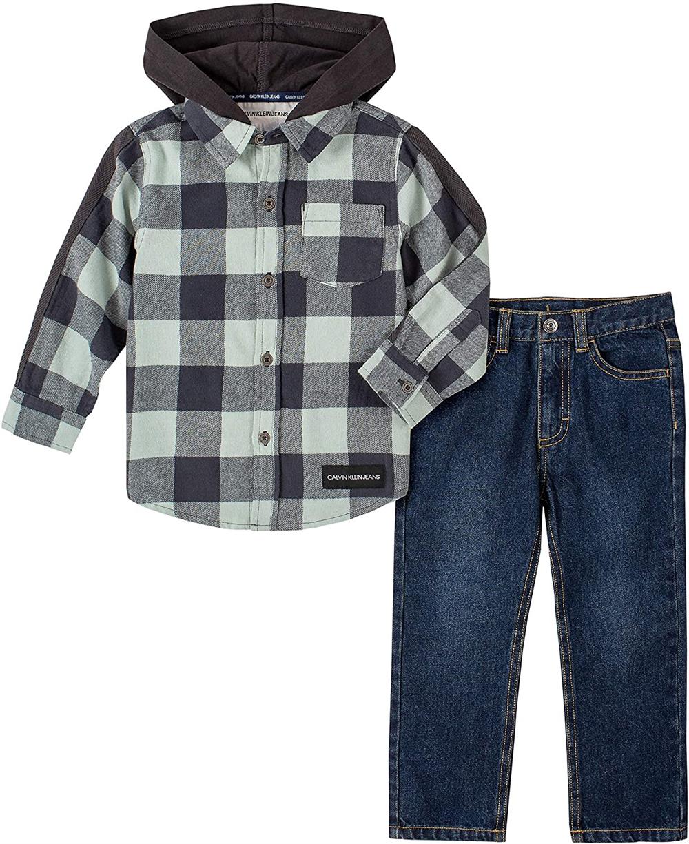 Calvin Klein Boys 2T-4T Plaid Hood Woven Jean Set