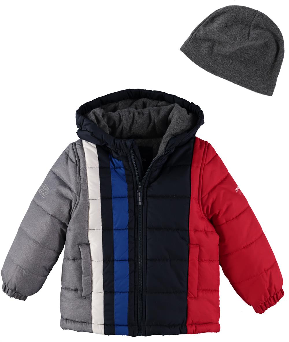 London Fog Boys 2T-4T Colorblock Stripe Puffer with Fleece Hat