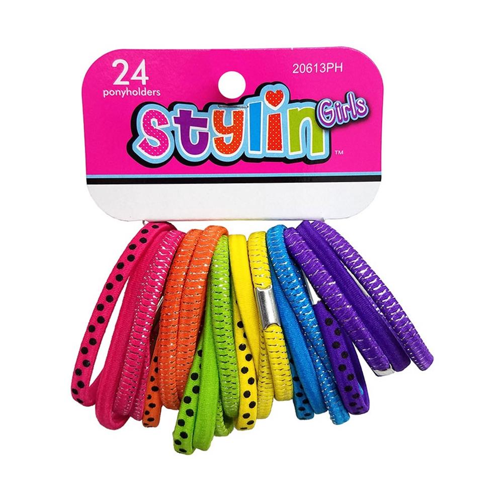 Stylin Girls 24pc Clasp Free Elastic Ponyholders; 6pc Dot Printed, 6pc Plain & 12pc Mylar