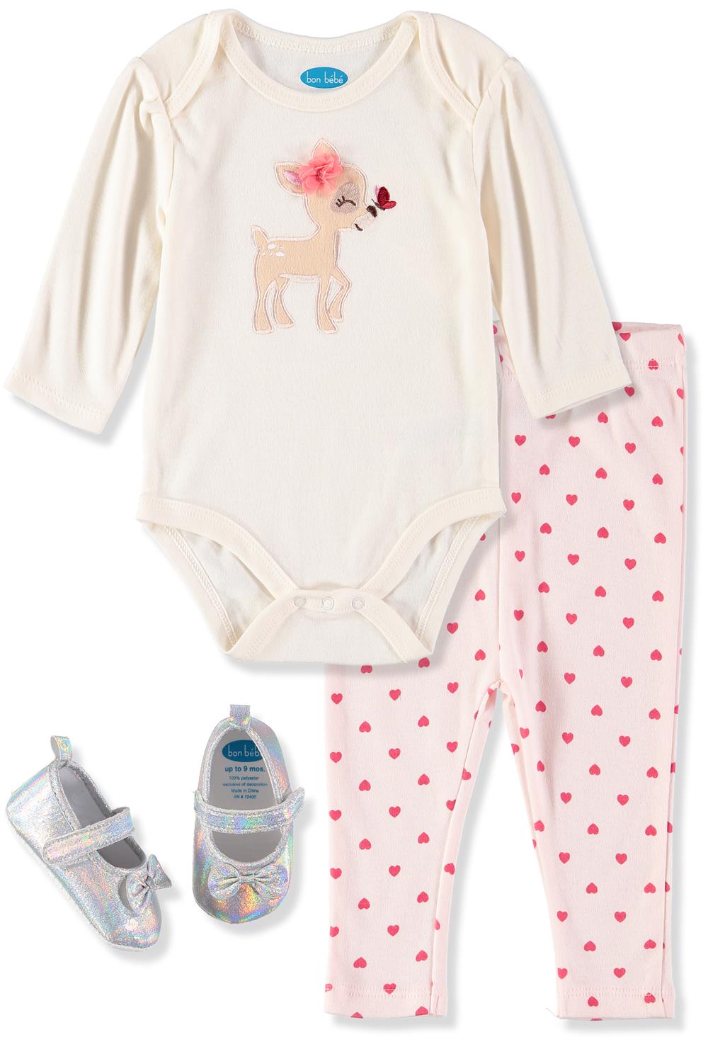 Bon Bebe Girls 0-9 Months Bodysuit Pant Set with Matching Shoes