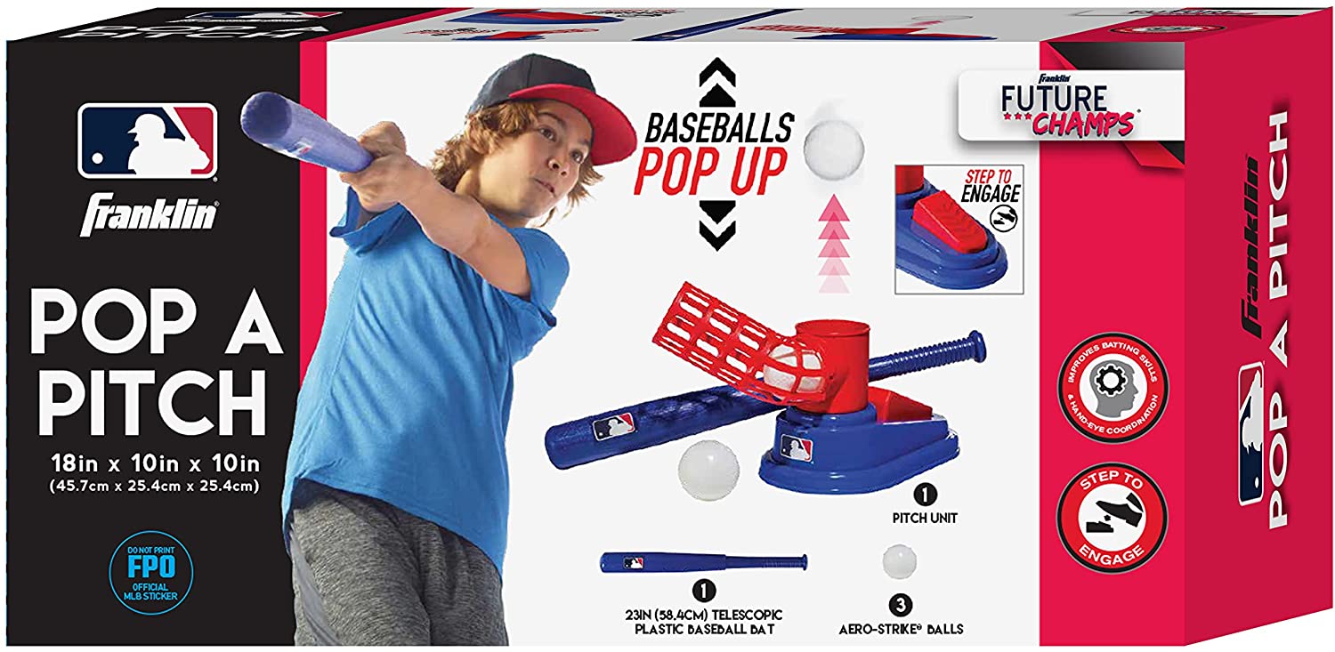 Franklin MLB Pop A Pitch Baseball Batting Machine with Youth Bat + 3 Plastic Baseballs