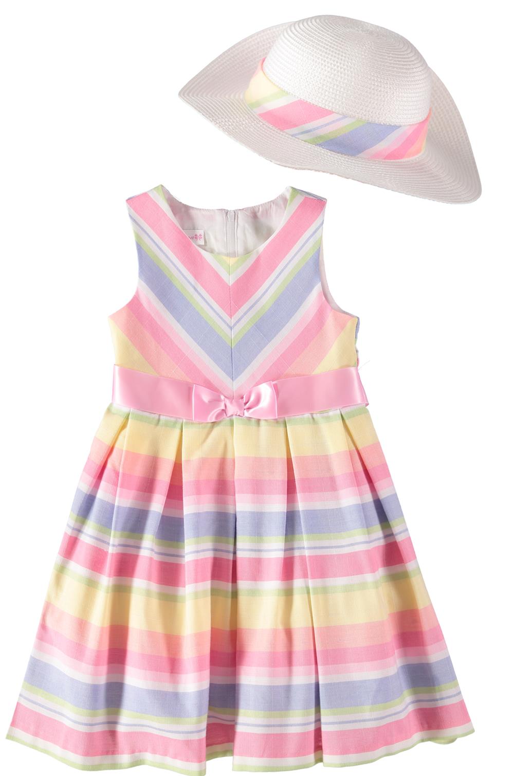 Bonnie Jean Girls Pleated Stripe Dress with Hat