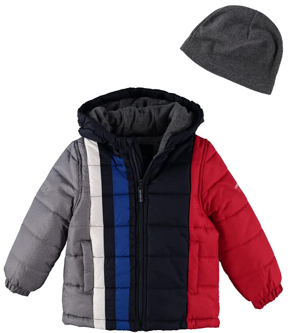 London Fog Boys 4-7 Colorblock Stripe Puffer with Fleece Hat