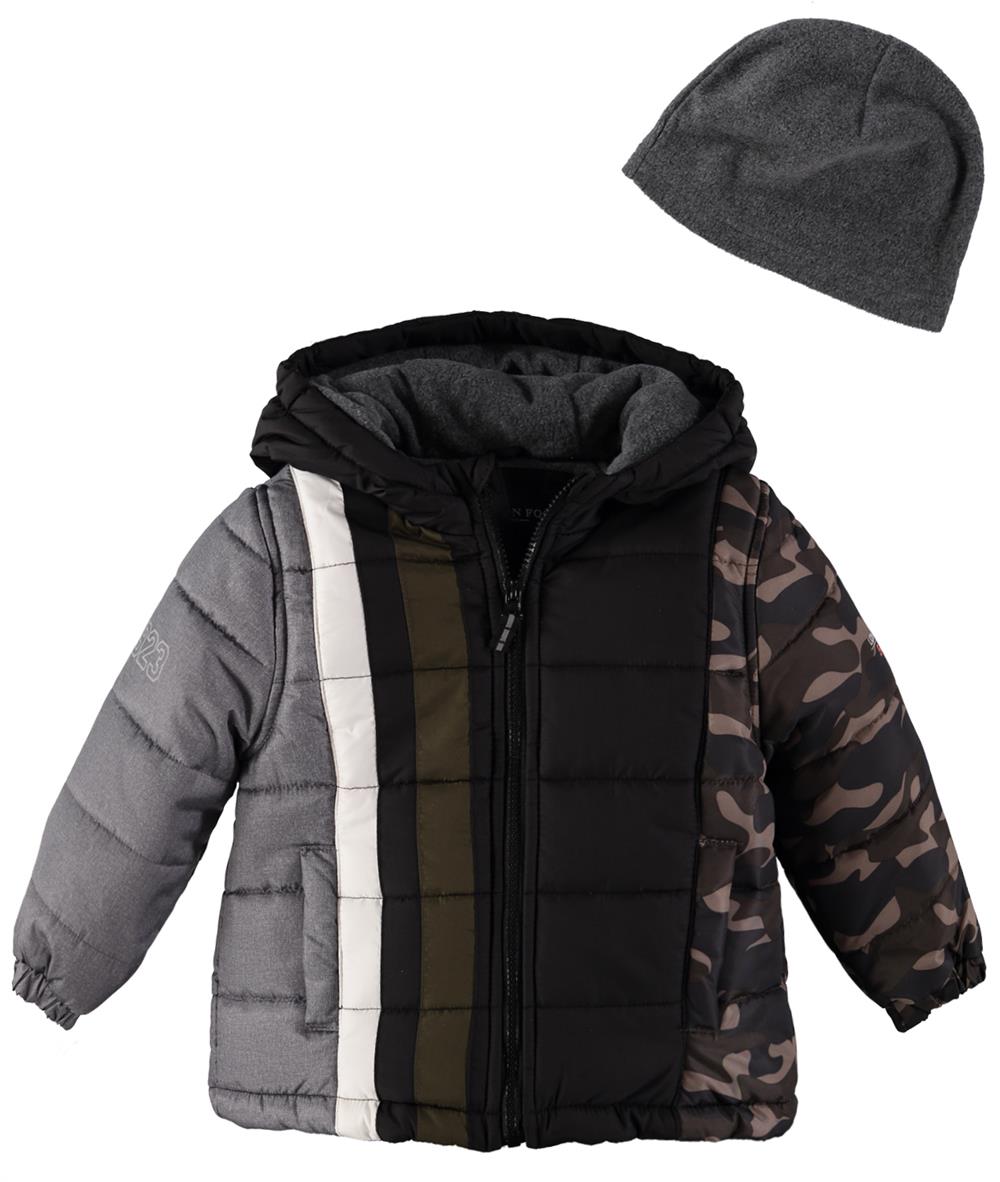 London Fog Boys 2T-4T Colorblock Stripe Puffer with Fleece Hat